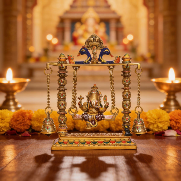 Brass Ganesha On Swing Idol with Meenakari Work (Height 10 Inch)
