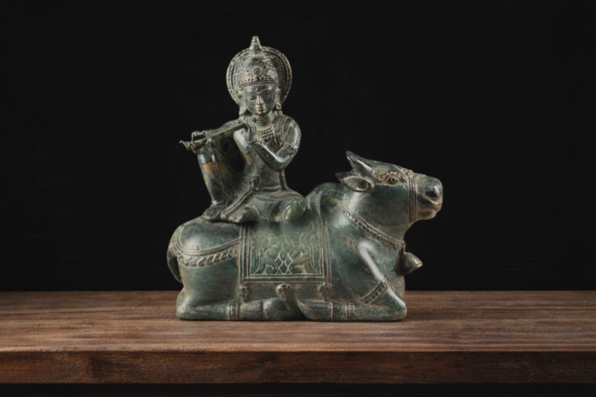 Bronze Krishna idol seated on cow, front view with detailed carvings