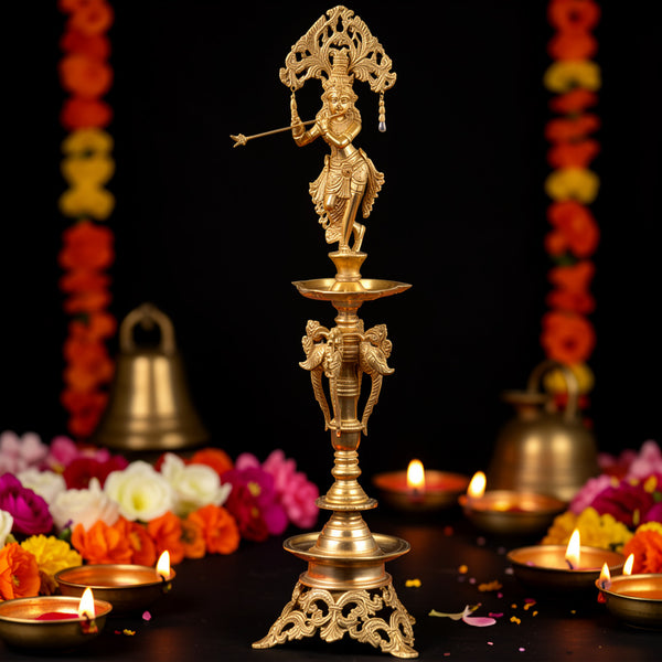 Brass Beautiful Large Krishna Diya Lamp (Height: 28 inches)
