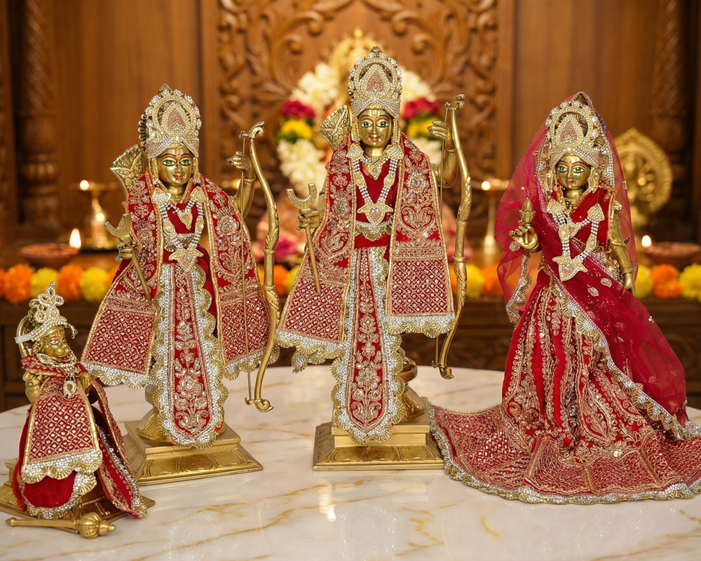 Brass Ram Darbar Murti Including Dresses and Eye Work (Height: 20 inches)