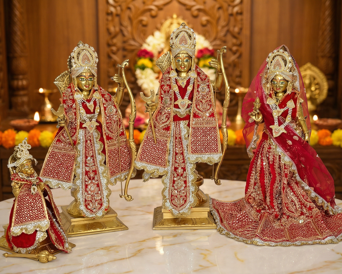 Brass Ram Darbar murti set with red-and-gold embroidered dresses and eye-work, 3 statues