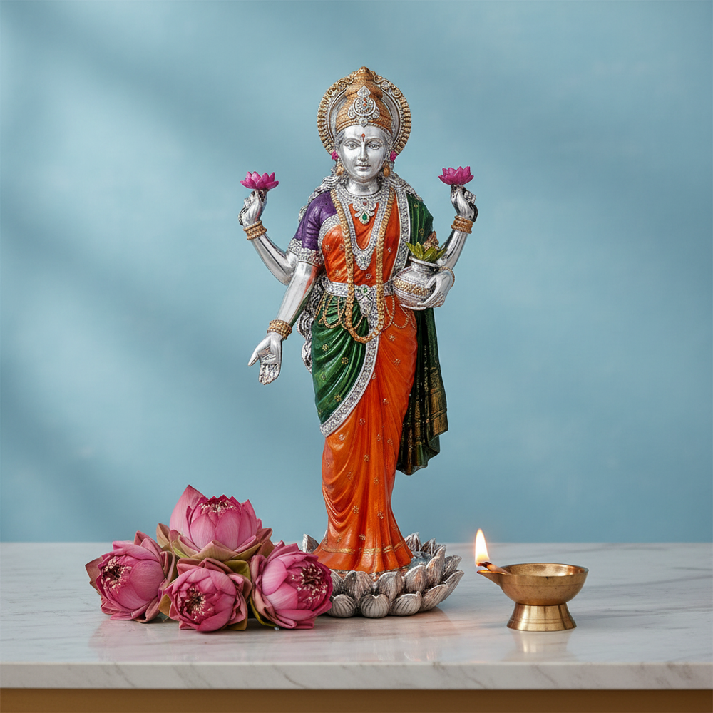 Resin Standing Devi Lakshmi Silver Plated Sculpture Temple Puja Home Decor Murti (Height: 10 Inches)