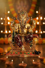 10-inch brass Ganesha idol with colorful jeweled detailing and raised hands