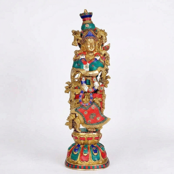 18" Brass Radha Rani Statue with Stonework | Handcrafted Divine Idol | Large Religious Home Decor