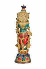 Brass Radha Rani statue, back view with gold halo, colorful dress and base