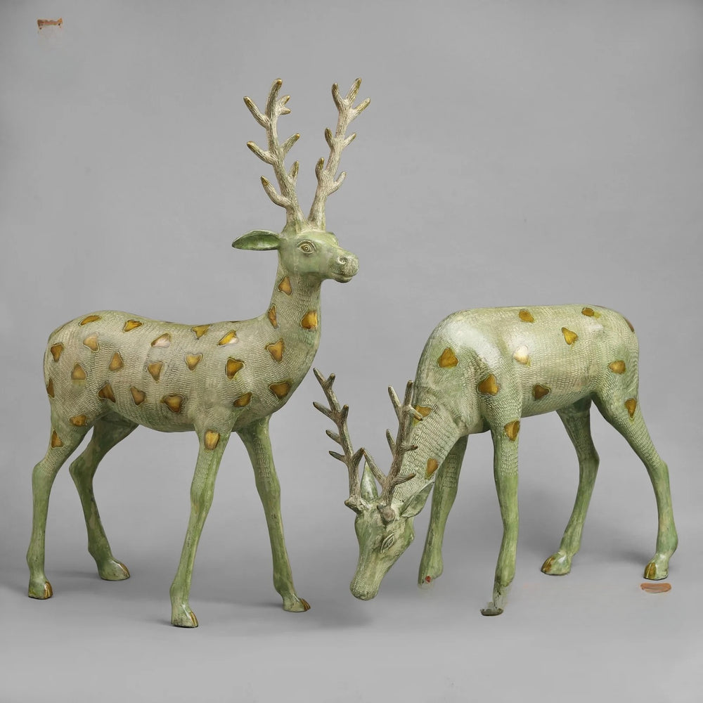 Brass Deer standing, Leaf Green Patina Sculpture (Height :27 Inches)
