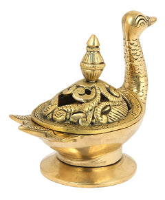 Brass duck dhoopdani side view with detailed engravings and topped finial lid