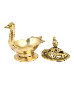Brass duck dhoopdani set: round incense bowl with matching separate lid