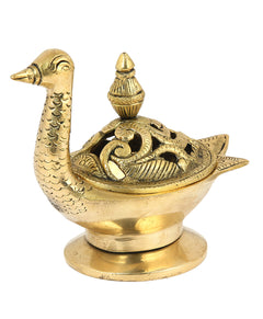 Brass duck dhoopdani close-up with engraved dish, tall neck, and finial lid