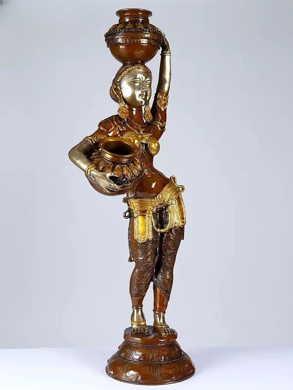 Brass Large Size Lady Carrying Milk Pots Statue (Height: 44 Inches) Entryway Setting