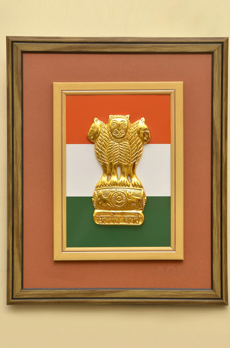 8" Metal Ashoka Pillar in 17" x 14.5" Wall Frame with Tricolour Backdrop | Handcrafted National Emblem Stambh for Home & Office Wall Decor
