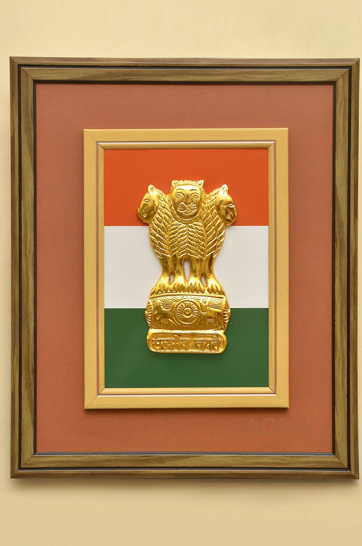 8" Metal Ashoka Pillar in 17" x 14.5" Wall Frame with Tricolour Backdrop | Handcrafted National Emblem Stambh for Home & Office Wall Decor