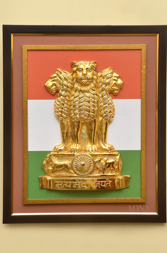 AONA tricolour frame wall hanging with golden Ashoka lion emblem