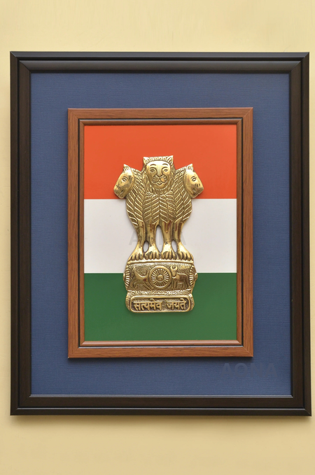 Premium 8" Brass Ashoka Pillar Wall Frame with Tricolour Background (17.5" x 15") | Handcrafted National Emblem Stambh for Home & Office Decor