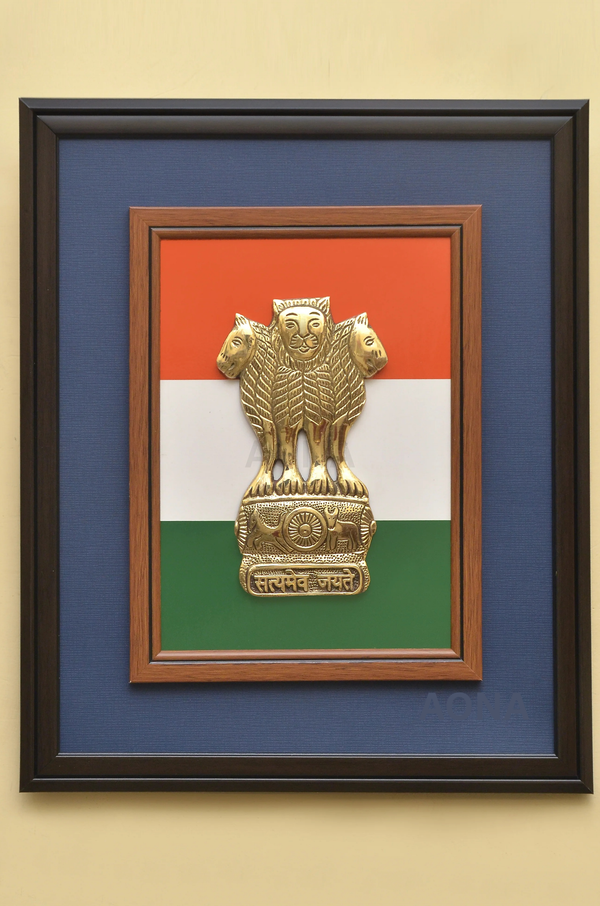 Premium 8" Brass Ashoka Pillar Wall Frame with Tricolour Background (17.5" x 15") | Handcrafted National Emblem Stambh for Home & Office Decor