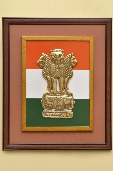 Premium 10.5" Brass Ashoka Stambh in Large 20" x 16.5" Wall Frame | Handcrafted National Emblem with Tricolour Backdrop