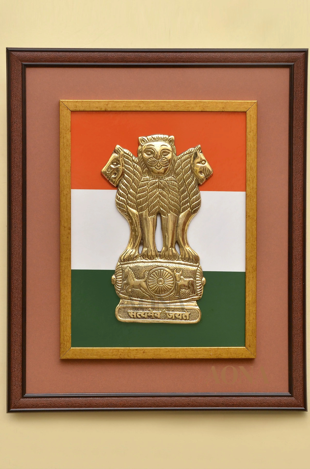 Brass Ashoka stambh wall frame with national emblem on tricolour background