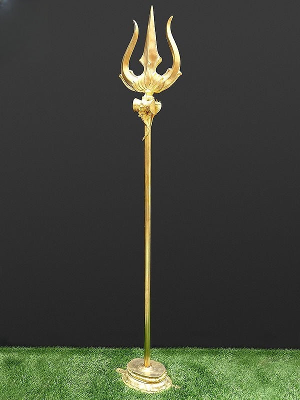 Brass Large Size Shiva''s Trishul (Trident) with Stand (Height: 72 Inches)