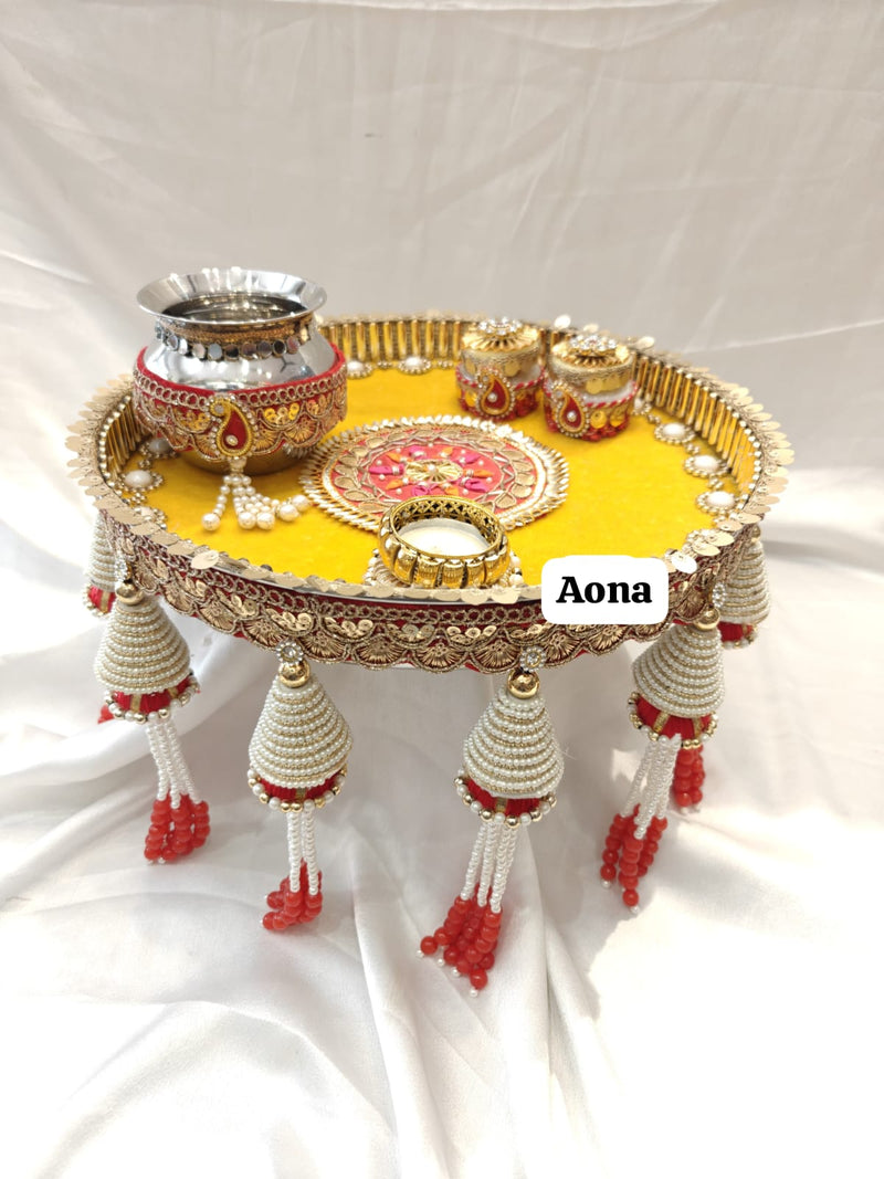AONA Steel Handcrafted Pooja Thali for Raksha bandhan, Karva Chauth & Bhai Dooj Plate Yellow