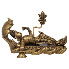 Brass Vishnu Sheshshayi murti reclining on Sheshnag with Lakshmi seated