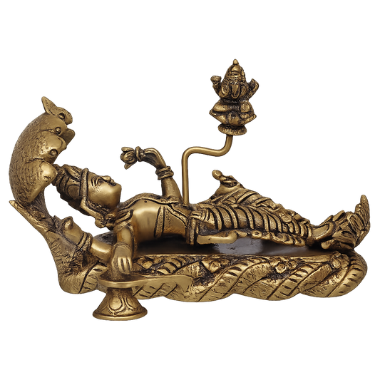 Brass Lord Vishnu Sheshshayi Murti – Vishnu Bhagwan Resting on Sheshnag with Lakshmi for Mandir, Home & Office Decor (Height:5 Inches)