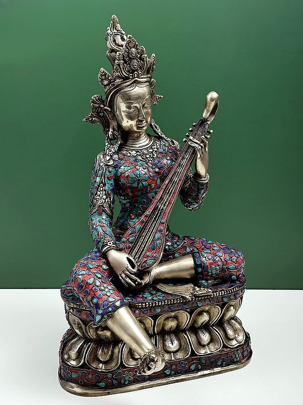 Brass Idol of Saraswati in Nepalese Style with Exquisite Inlay Work 22 inches Entryway Setting