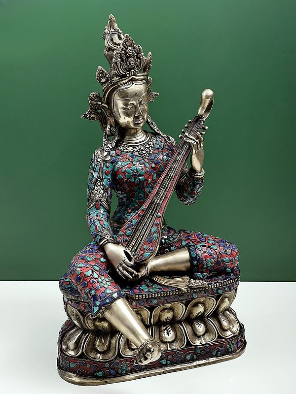 Brass Idol of Saraswati in Nepalese Style with Exquisite Inlay Work 22 inches