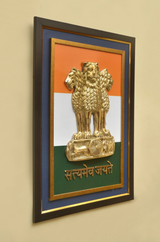 एशोक फ्रेम वॉल हैंगिंग, पीतल शेर प्रतिमा और गोल चक्र आधार सहित