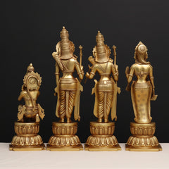 Brass Ram Darbar idol set, 2-foot height, side views of four standing figures on bases