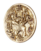 Round brass Maa Durga wall hanging with lion, halo, and surrounding deities