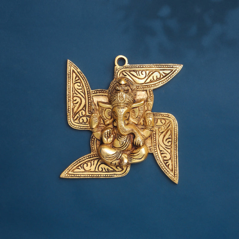 Brass Ganesha on Swastik Wall Decor (Height: 7 Inches)