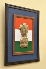Dark border wall frame featuring a brass Ashoka pillar emblem on tricolour panel