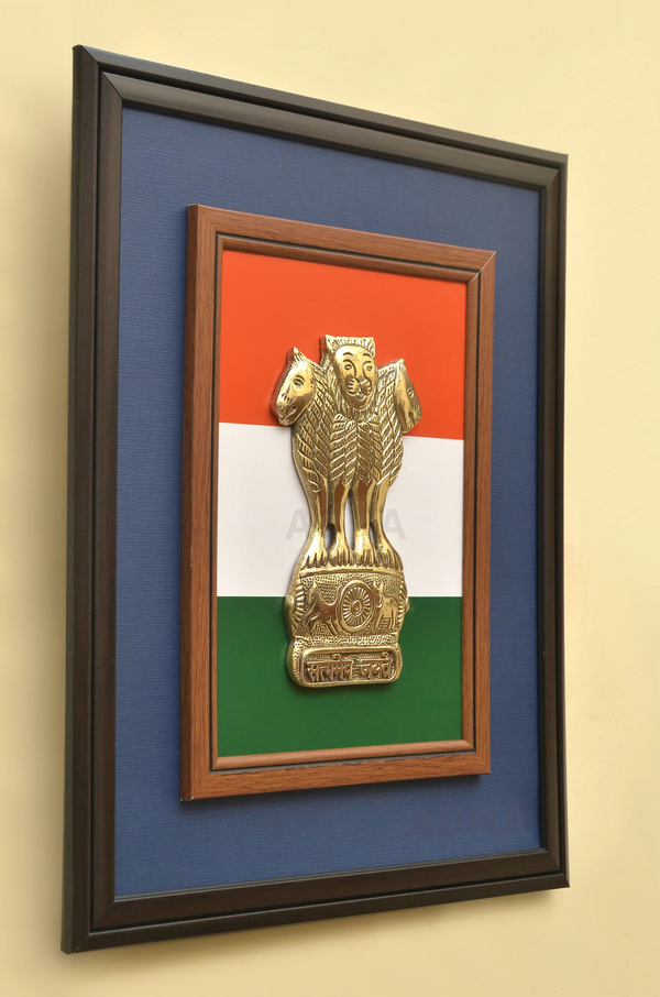 Premium 8" Brass Ashoka Pillar Wall Frame with Tricolour Background (17.5" x 15") | Handcrafted National Emblem Stambh for Home & Office Decor Entryway Setting