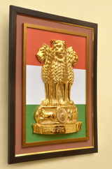 Golden Ashoka lion wall emblem in tricolour frame with dark outer border