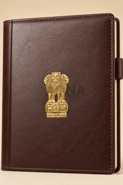 Brown leather-look diary cover with gold brass emblem on front