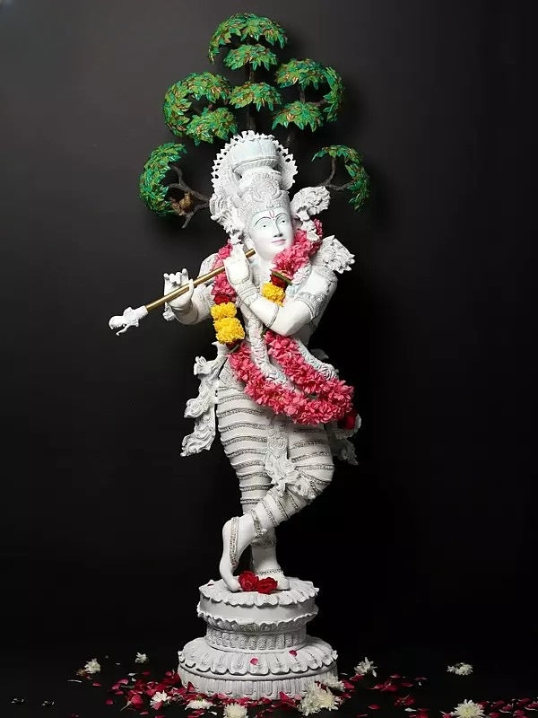 AONA Brass White Color Lord Krishna Playing Bansuri Idol
