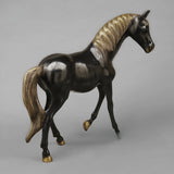 Standing horse statue in dark bronze with ribbed gold-toned mane and hooves, 18.5 in