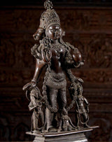 Brass Vaikuntha Vishnu statue: raised hand, jeweled crown, bead garland, 26 in