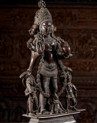 Brass Vaikuntha Vishnu statue: raised hand, jeweled crown, bead garland, 26 in