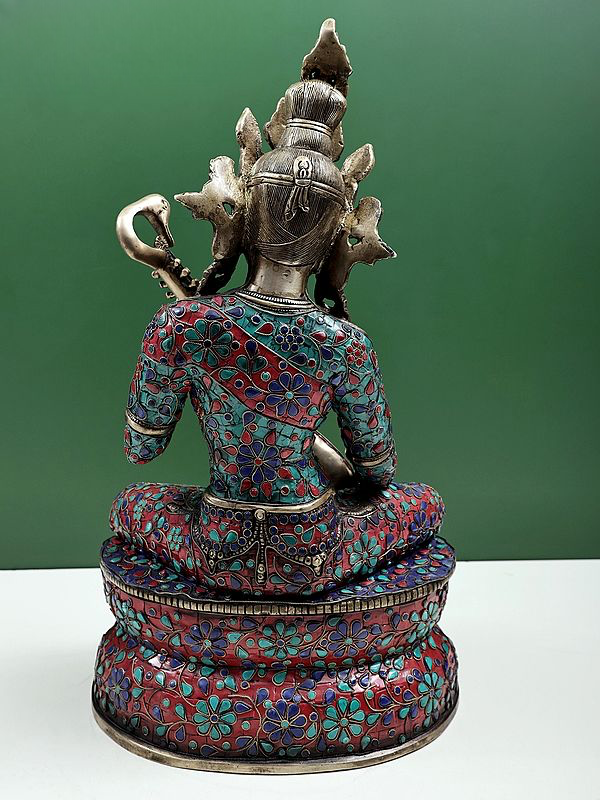 Brass Idol of Saraswati in Nepalese Style with Exquisite Inlay Work 22 inches