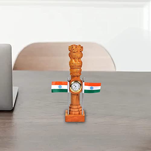 Wooden Ashoka stambh pillar with clock face and two Indian flags, 9-inch height