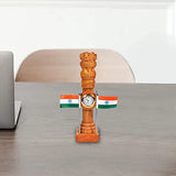 Wooden Ashoka stambh pillar with clock face and two Indian flags, 9-inch height