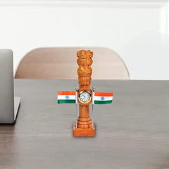 Wooden Ashoka stambh pillar with clock face and two Indian flags, 9-inch height