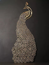 Large brass peacock wall decor with long tail and curled feather pattern