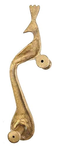 Single brass peacock door handle with curved body and round end knobs