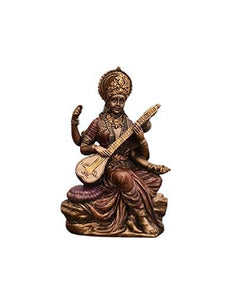Saraswati mini idol statue with veena, seated posture, detailed crown and jewelry