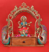 Brass Maa Saraswati statue with stonework, seated with veena, arched frame, 10 in
