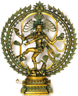 Brass Nataraja dancing statue with circular halo, ornate details, 23 in tall