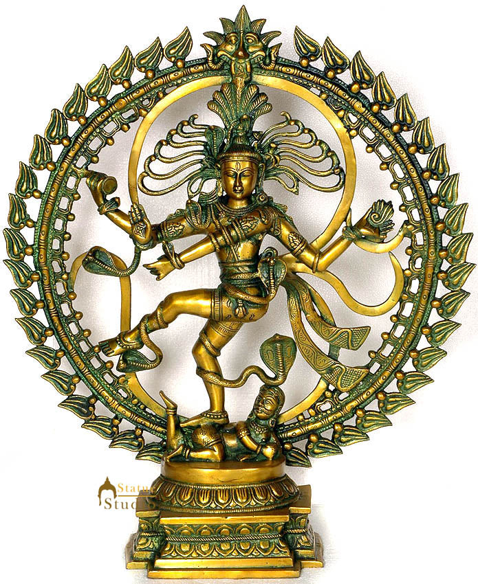 Brass Nataraja dancing statue with circular halo, ornate details, 23 in tall