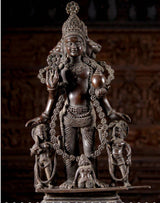 Brass Vaikuntha Vishnu statue: seated deity with ornate crown, garlands, 26 in